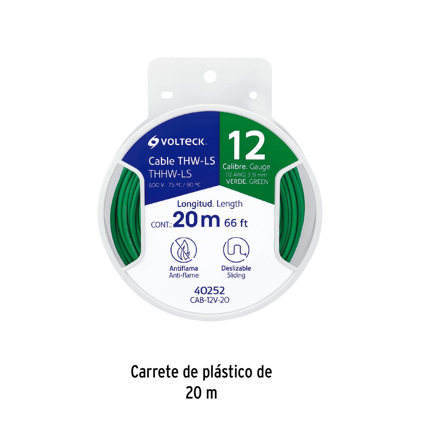 Carrete con 20 m de cable THHW-LS 12 AWG verde, Volteck | CAB-12V-20 | 40252