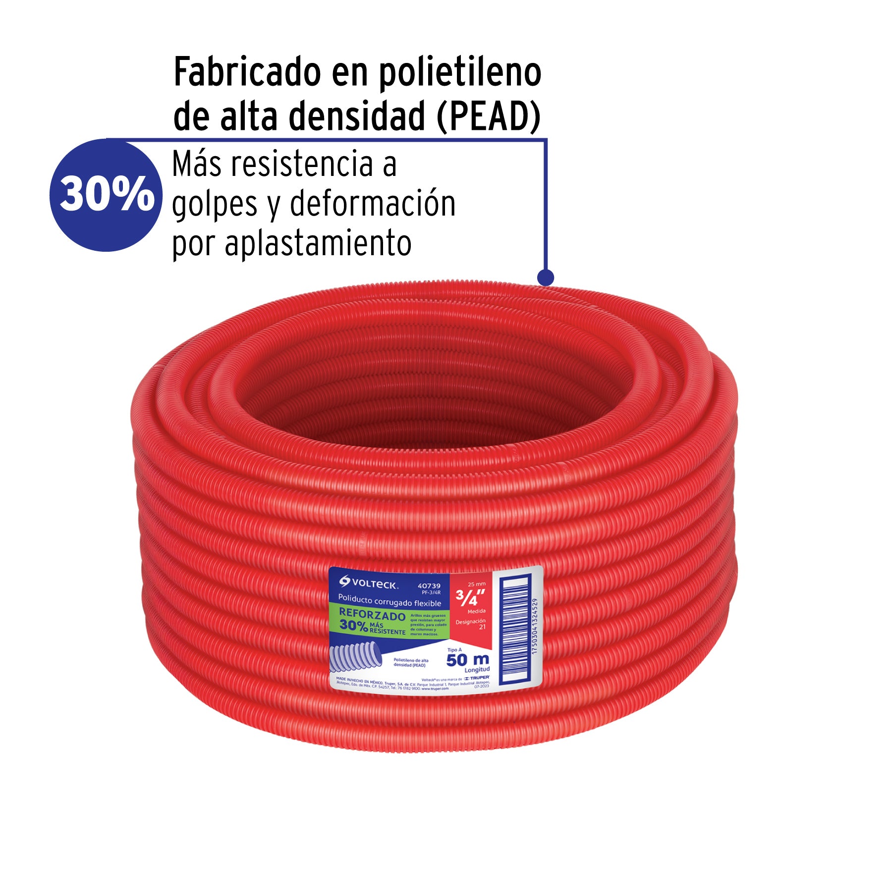 Metro de poliducto 3/4' corrugado flex. reforz. s/guía, 50m | PF-3/4R | 40739