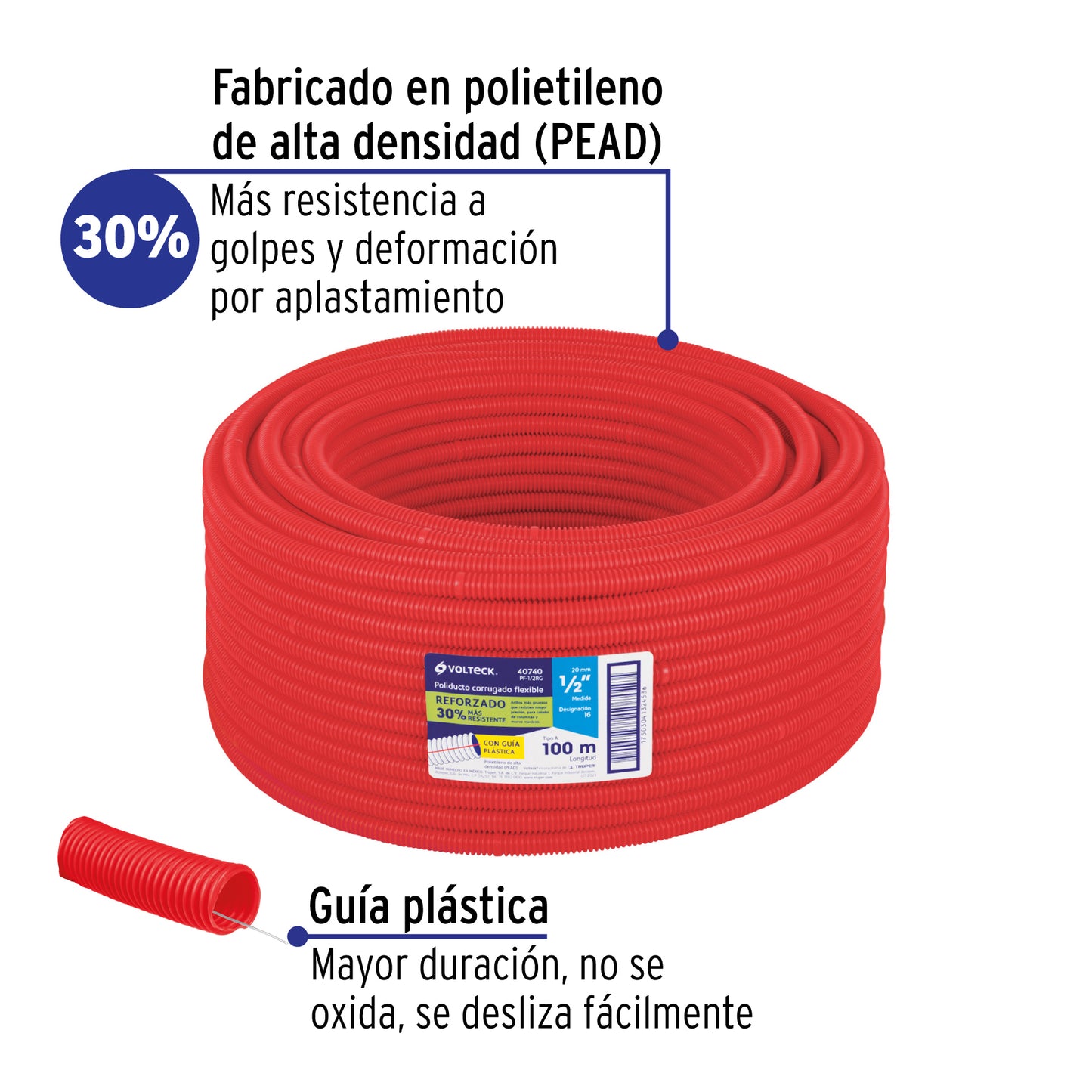 Metro de poliducto 1/2' corrugado flex. reforz. c/guía, 100m | PF-1/2RG | 40740