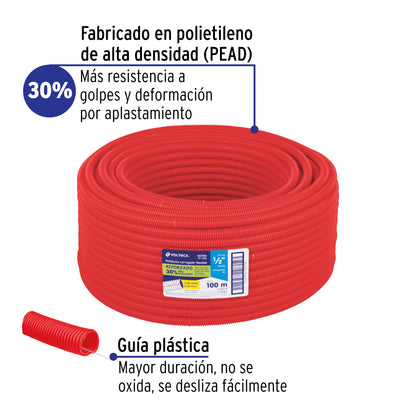 Metro de poliducto 1/2' corrugado flex. reforz. c/guía, 100m | PF-1/2RG | 40740