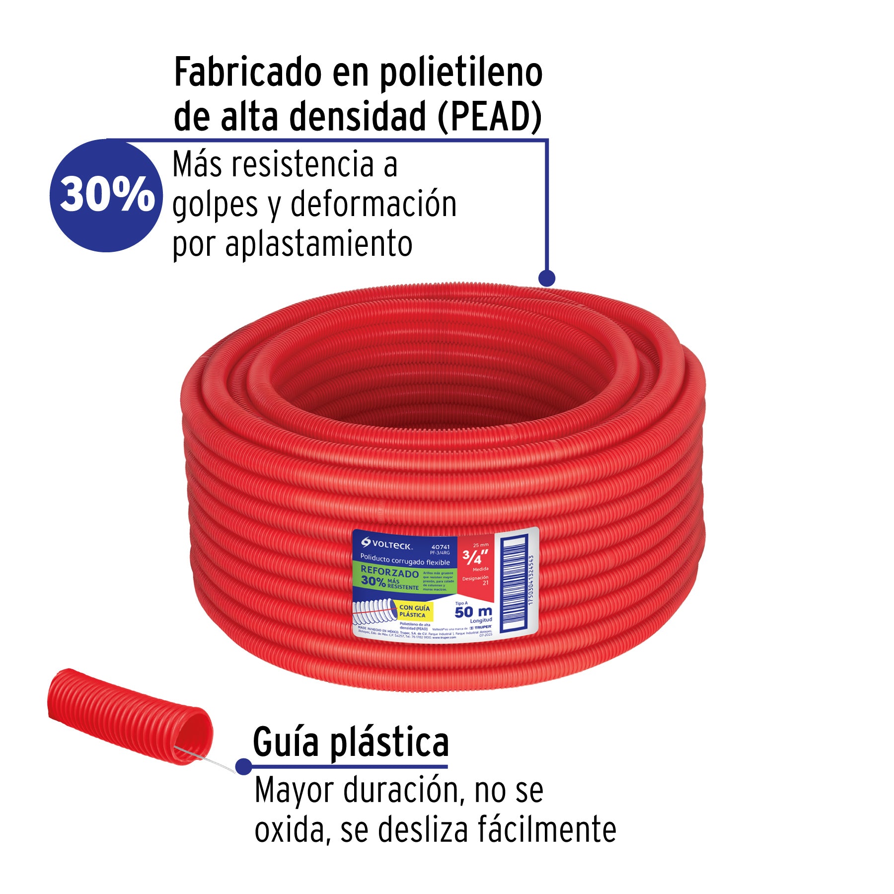 Metro de poliducto 3/4' corrugado flex. reforz. c/guía, 50m | PF-3/4RG | 40741