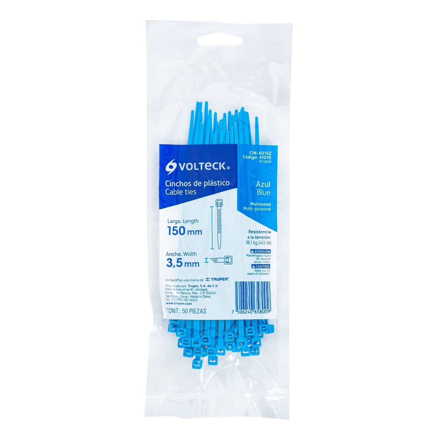 Bolsa con 50 cinchos plásticos 40 lb, 150 x 3.5 mm, azules | CIN-4015Z | 41015