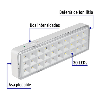 Lámpara de emergencia de 30 Leds, 220 lm recargable, Volteck | LAE-30 | 43007