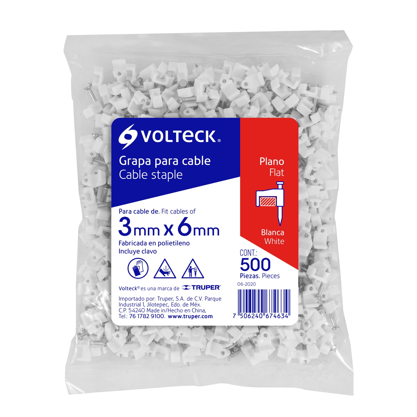 Bolsa con 500 grapas blancas de 3 X 6 mm para cable plano | GPL-5BG | 43044