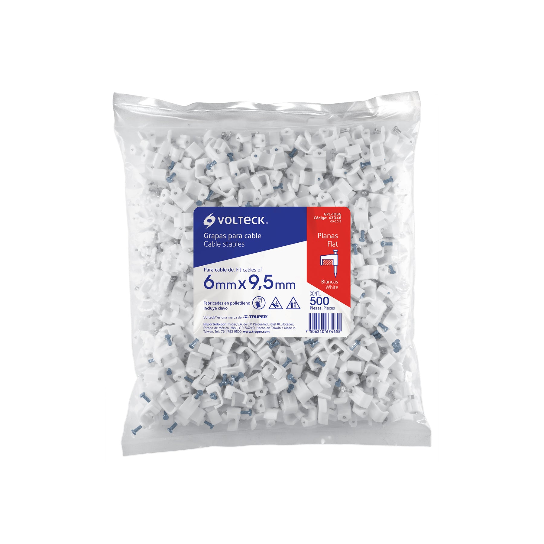 Bolsa con 500 grapas blancas de 6 x 9.5 mm para cable plano | GPL-10BG | 43046