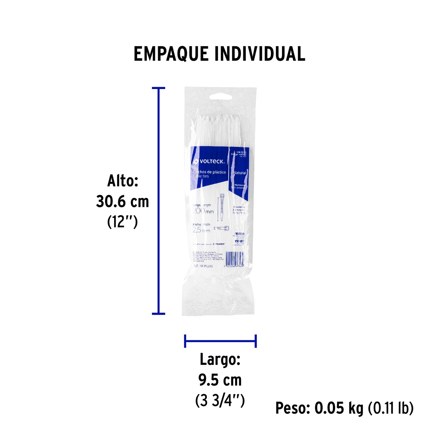 Bolsa con 100 cinchos plásticos 18 lb, 200x2.5 mm, naturales | CIN-1820 | 44302