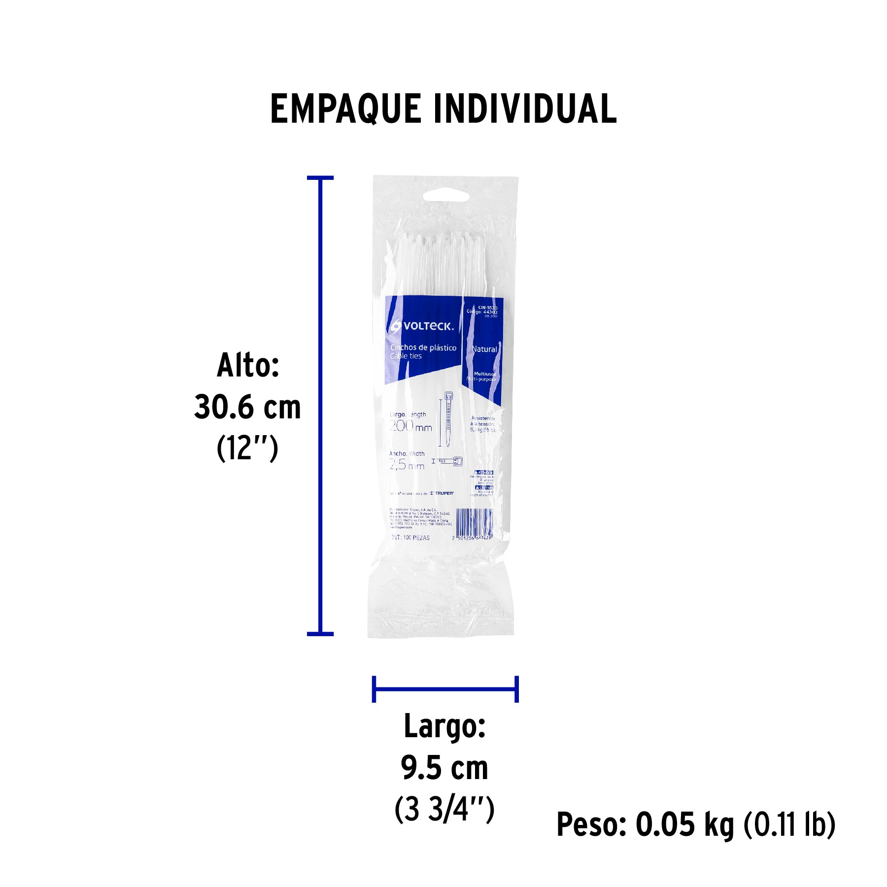 Bolsa con 100 cinchos plásticos 18 lb, 200x2.5 mm, naturales | CIN-1820 | 44302