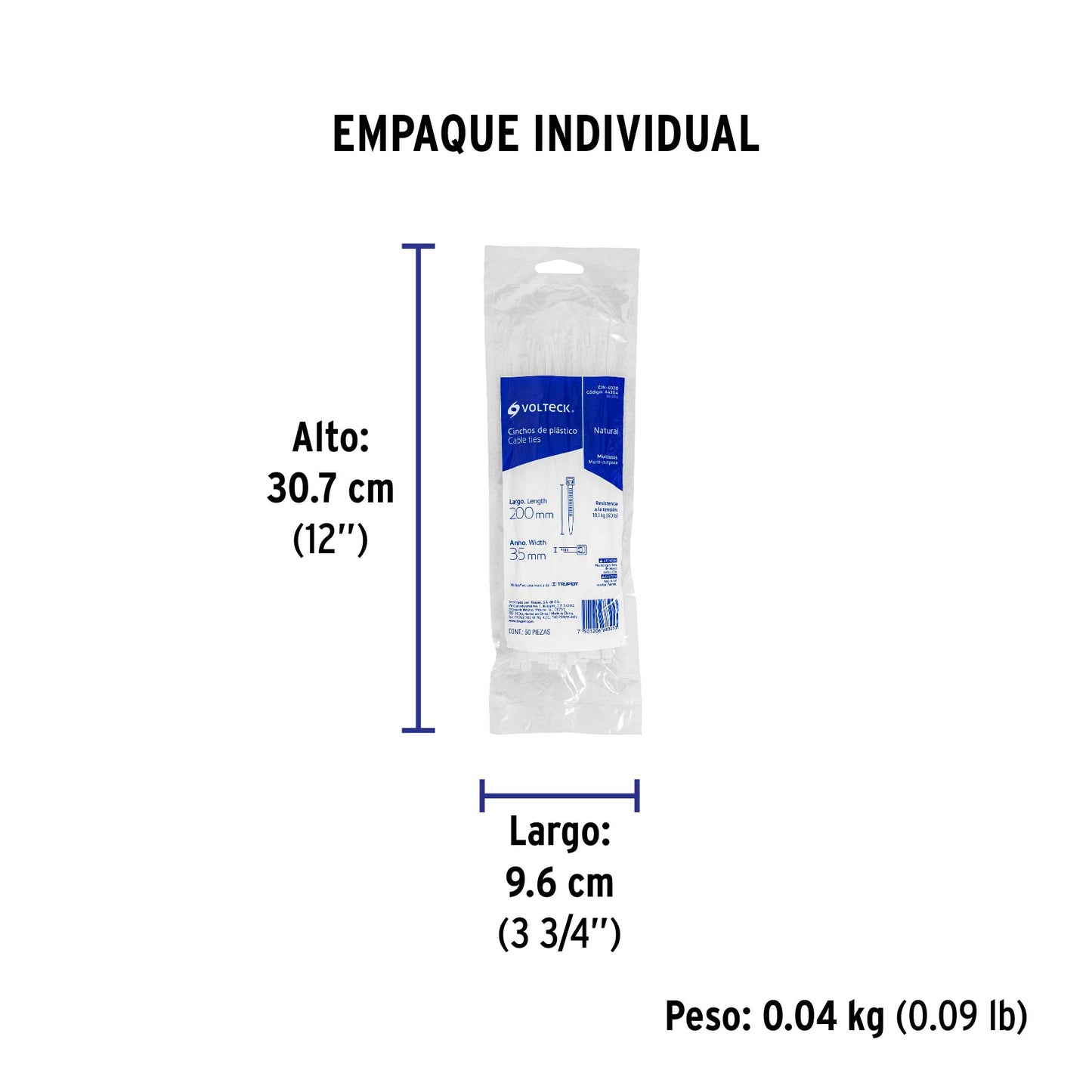 Bolsa con 50 cinchos plásticos 40 lb, 200x3.5 mm, naturales | CIN-4020 | 44304