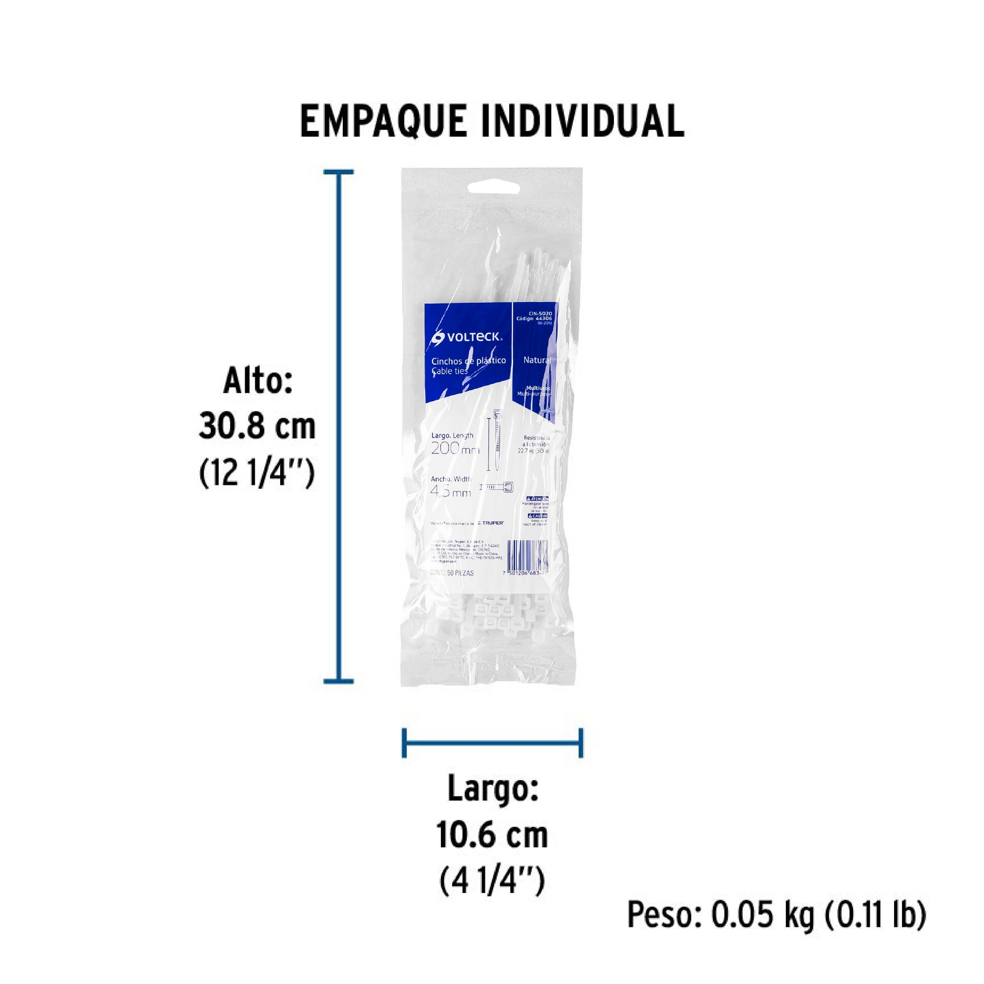 Bolsa con 50 cinchos plásticos 50 lb, 200x4.5 mm, naturales | CIN-5020 | 44306