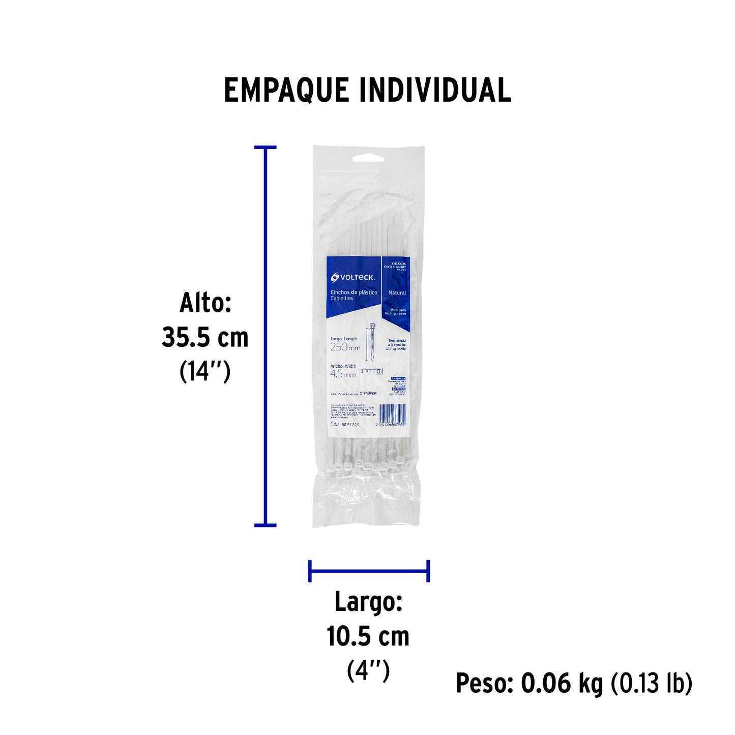 Bolsa con 50 cinchos plásticos 50 lb, 250x4.5 mm, naturales | CIN-5025 | 44307