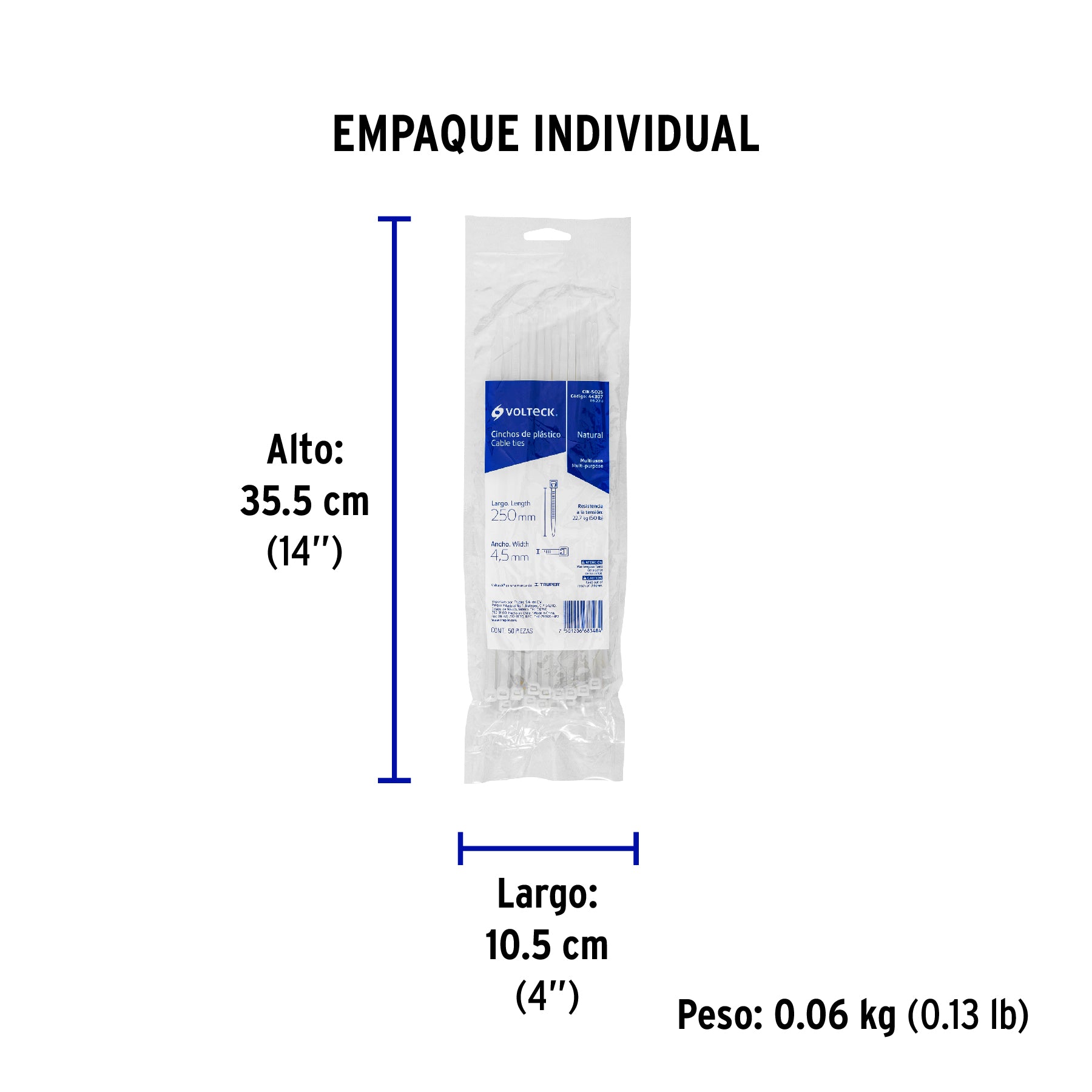 Bolsa con 50 cinchos plásticos 50 lb, 250x4.5 mm, naturales | CIN-5025 | 44307