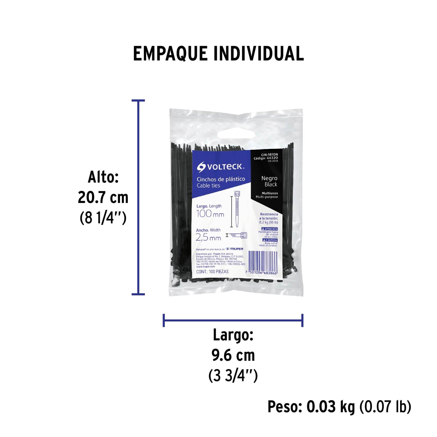 Bolsa con 100 cinchos plásticos 18 lb, 100x2.5 mm, negros | CIN-1810N | 44320