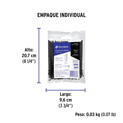 Bolsa con 100 cinchos plásticos 18 lb, 100x2.5 mm, negros | CIN-1810N | 44320