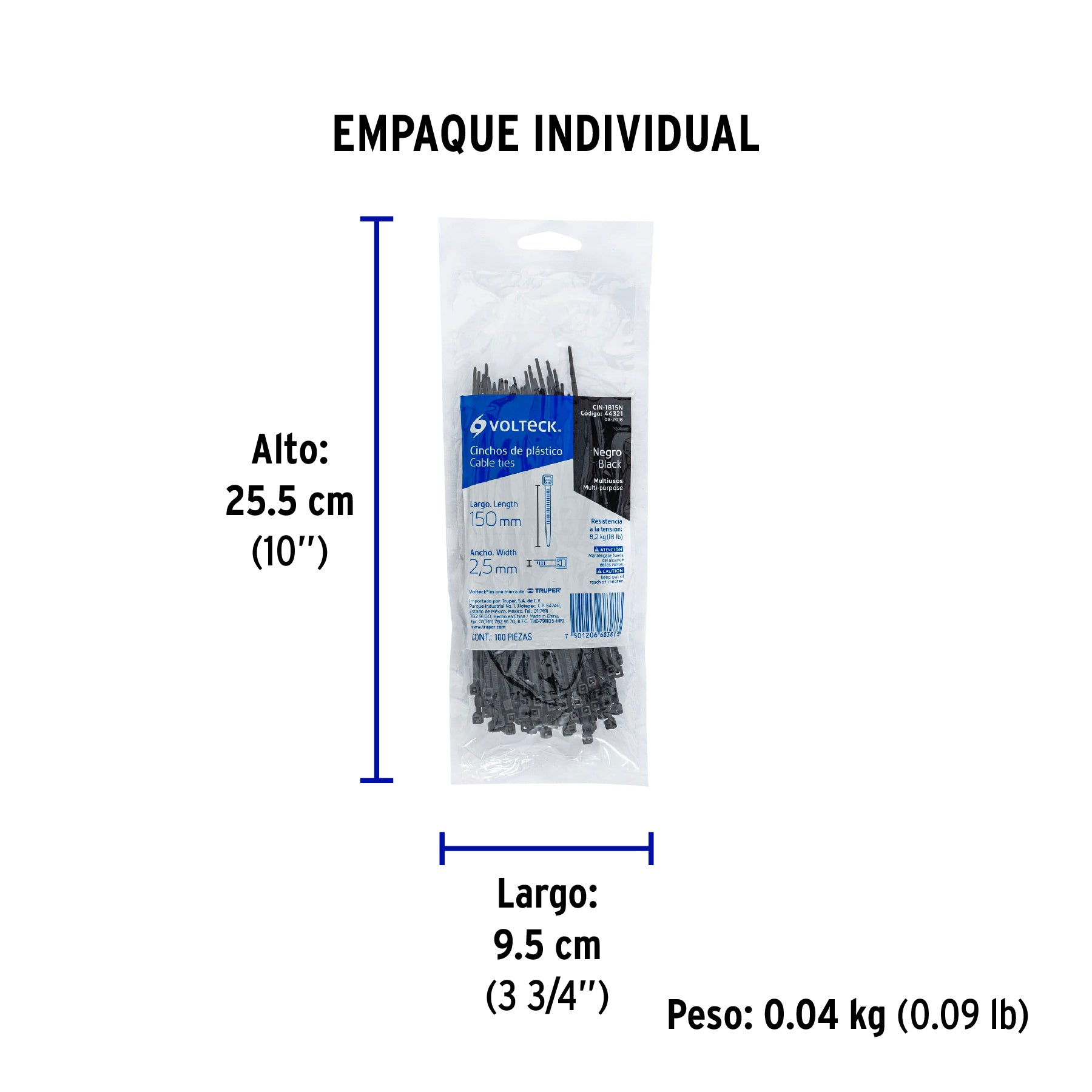 Bolsa con 100 cinchos plásticos 18 lb, 150x2.5 mm, negros | CIN-1815N | 44321