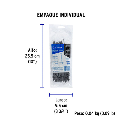 Bolsa con 100 cinchos plásticos 18 lb, 150x2.5 mm, negros | CIN-1815N | 44321