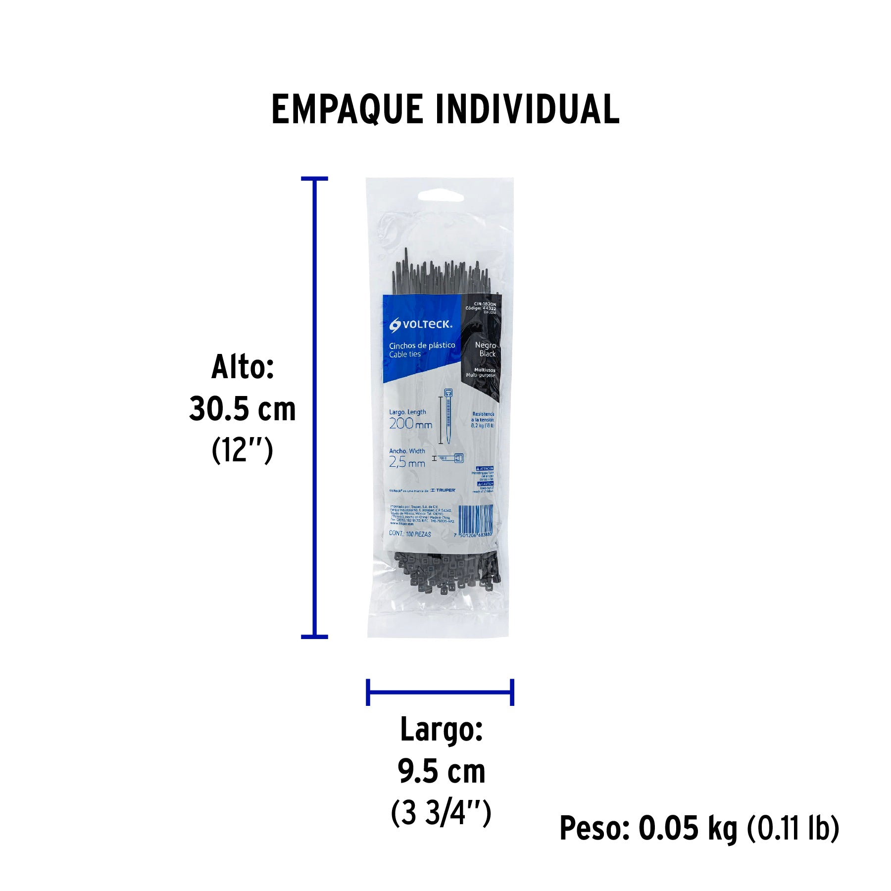 Bolsa con 100 cinchos plásticos 18 lb, 200x2.5 mm, negros | CIN-1820N | 44322
