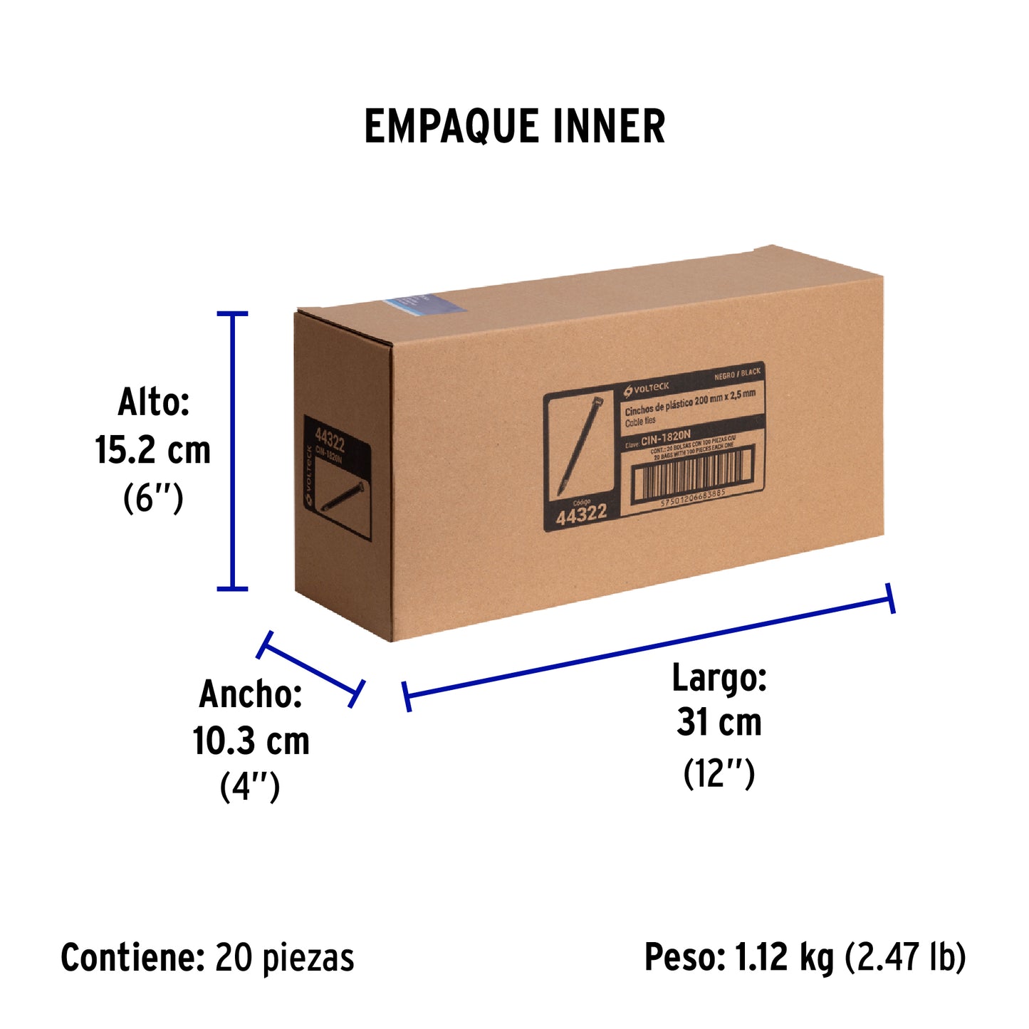 Bolsa con 100 cinchos plásticos 18 lb, 200x2.5 mm, negros | CIN-1820N | 44322