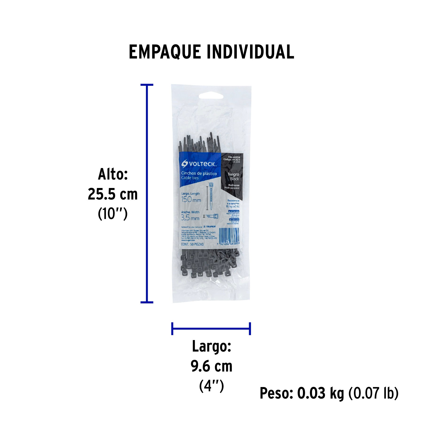 Bolsa con 50 cinchos plásticos 40 lb, 150x3.5 mm, negros | CIN-4015N | 44323