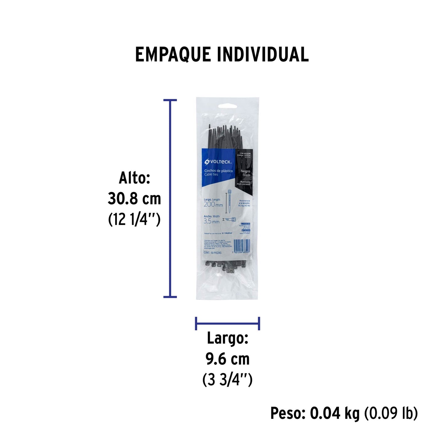 Bolsa con 50 cinchos plásticos 40 lb, 200x3.5 mm, negros | CIN-4020N | 44324