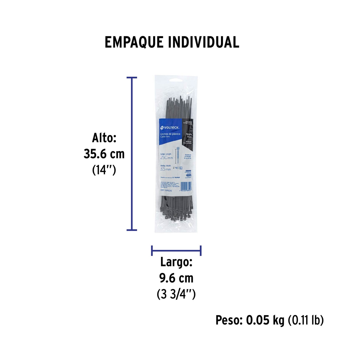 Bolsa con 50 cinchos plásticos 40 lb, 250x3.5 mm, negros | CIN-4025N | 44325