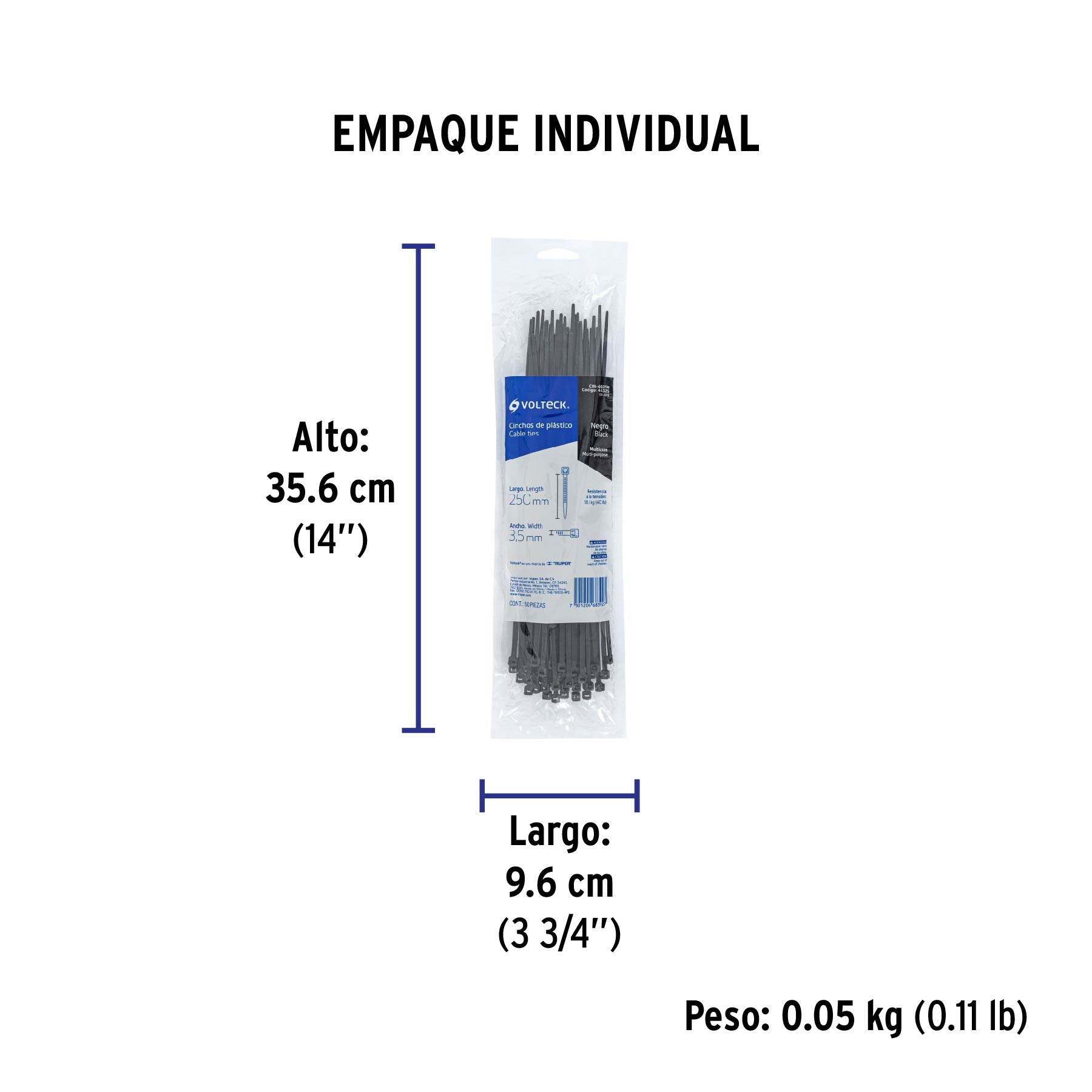 Bolsa con 50 cinchos plásticos 40 lb, 250x3.5 mm, negros | CIN-4025N | 44325