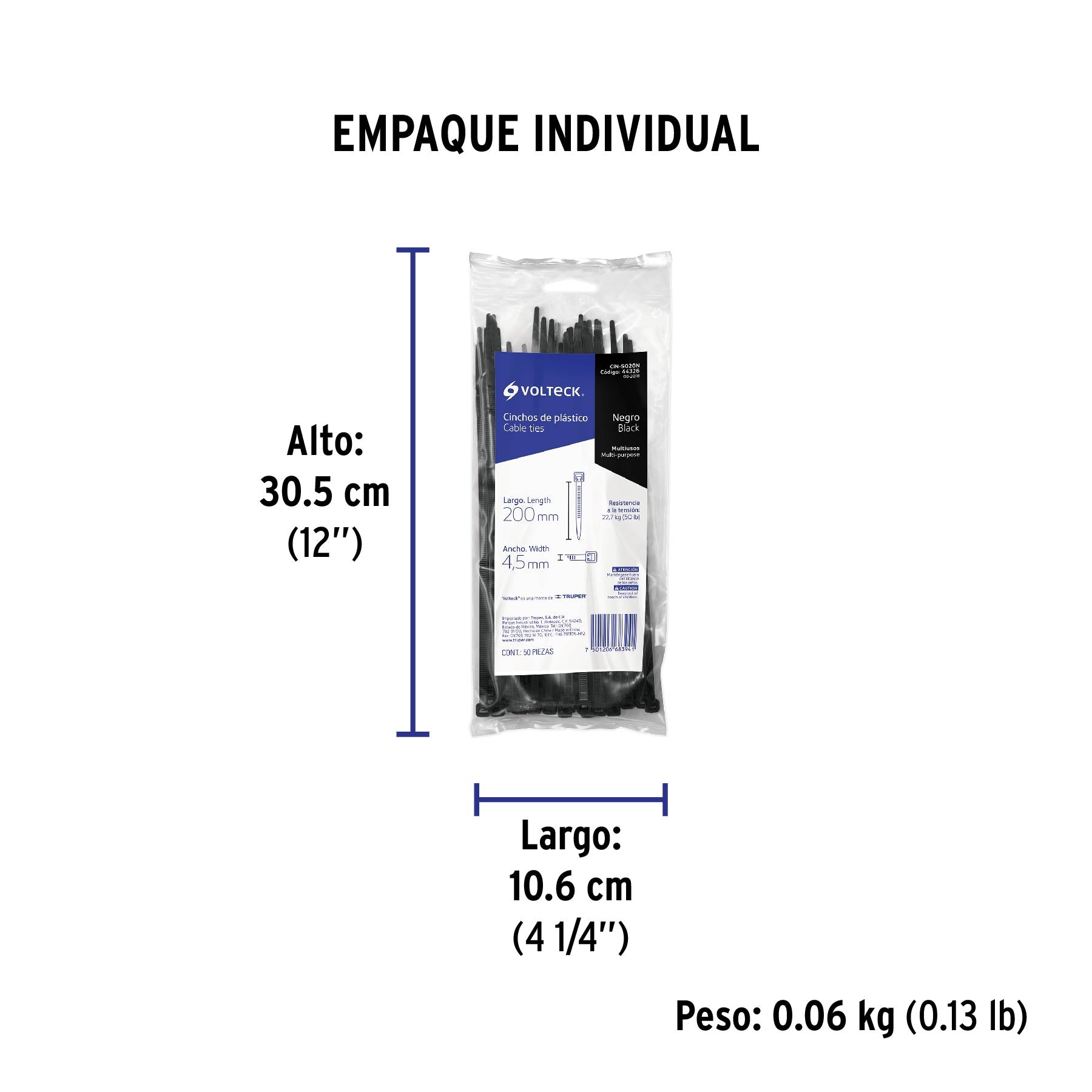 Bolsa con 50 cinchos plásticos 50 lb, 200x4.5 mm, negros | CIN-5020N | 44326