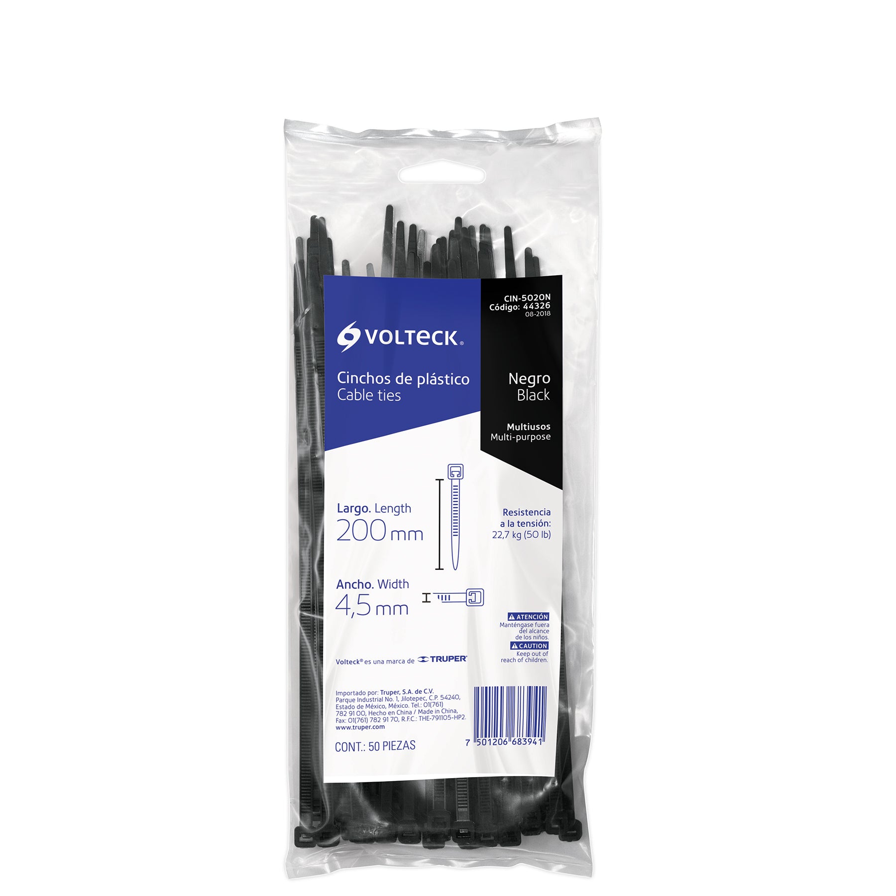 Bolsa con 50 cinchos plásticos 50 lb, 200x4.5 mm, negros | CIN-5020N | 44326