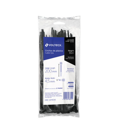 Bolsa con 50 cinchos plásticos 50 lb, 200x4.5 mm, negros | CIN-5020N | 44326