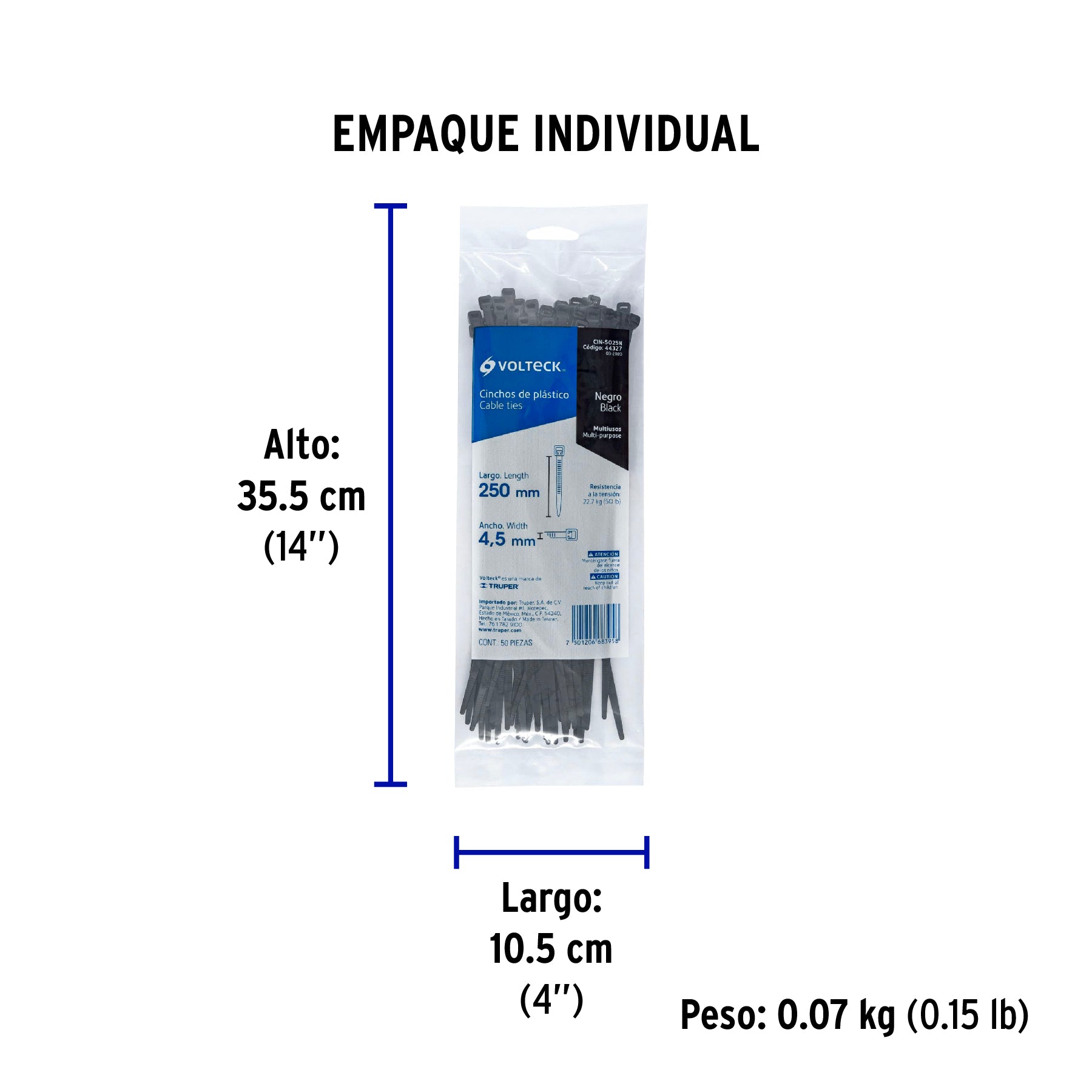 Bolsa con 50 cinchos plásticos 50 lb, 250x4.5 mm, negros | CIN-5025N | 44327