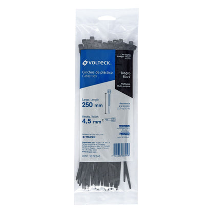 Bolsa con 50 cinchos plásticos 50 lb, 250x4.5 mm, negros | CIN-5025N | 44327