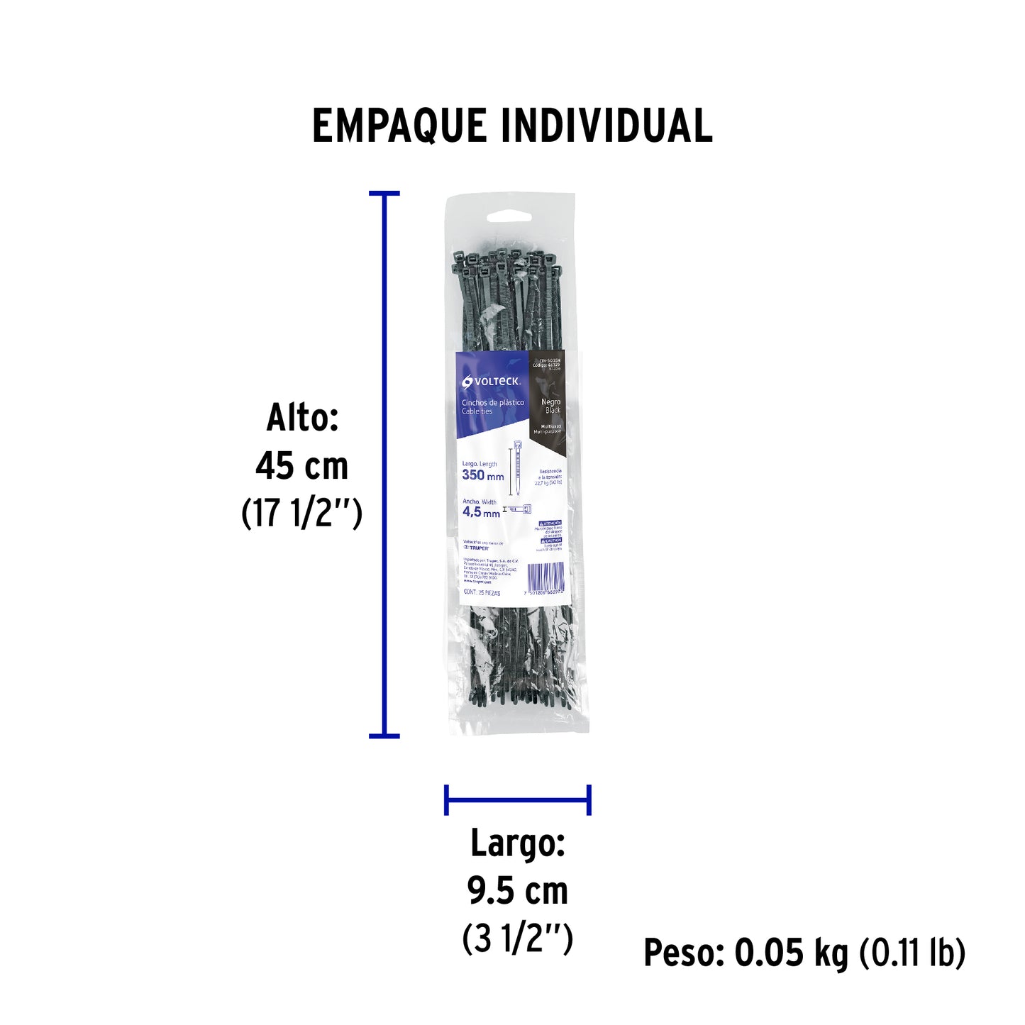 Bolsa con 25 cinchos plásticos 50 lb, 350x4.5 mm, negros | CIN-5035N | 44329