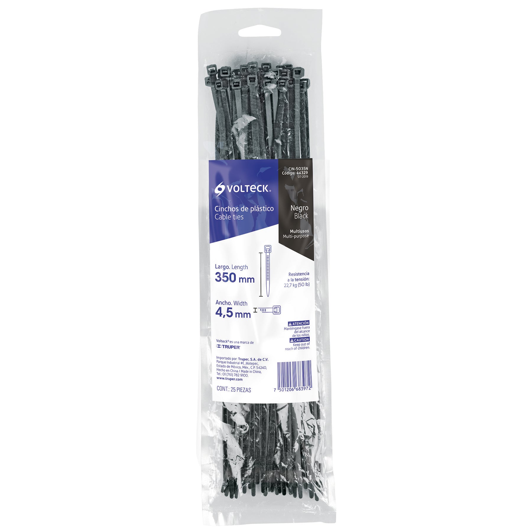 Bolsa con 25 cinchos plásticos 50 lb, 350x4.5 mm, negros | CIN-5035N | 44329