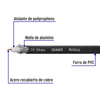 Metro de cable coaxial RG59 en carrete de 305 m, Volteck | CABCO-59300 | 45028