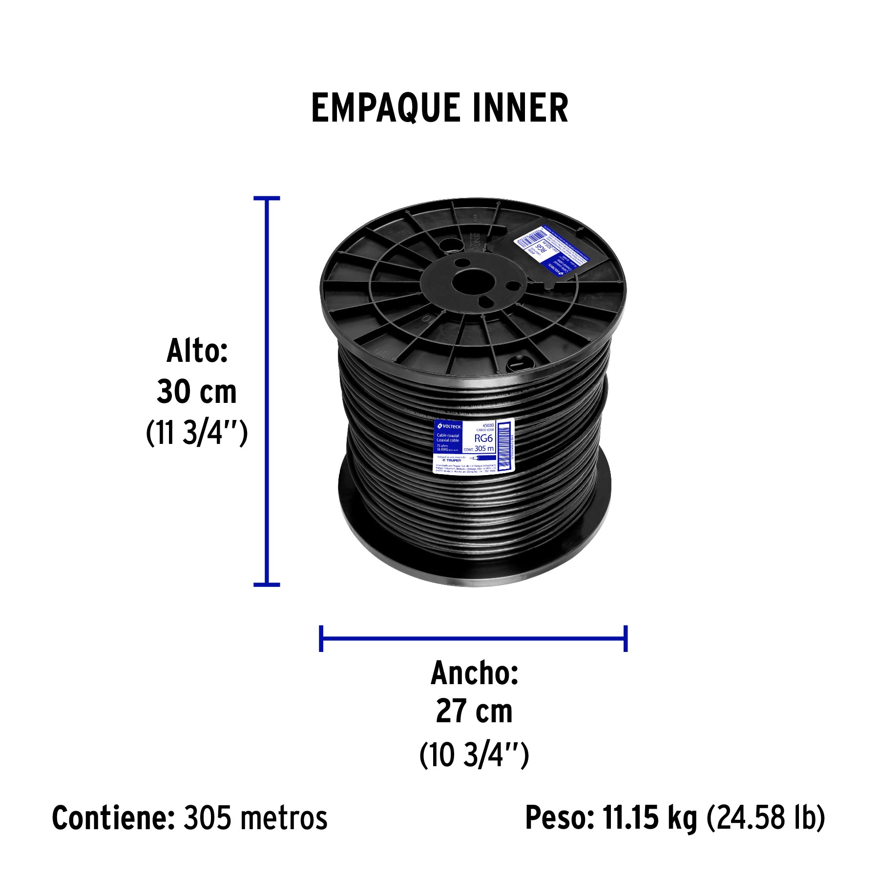 Metro de cable coaxial RG6 en carrete de 305 m, Volteck | CABCO-6300 | 45030