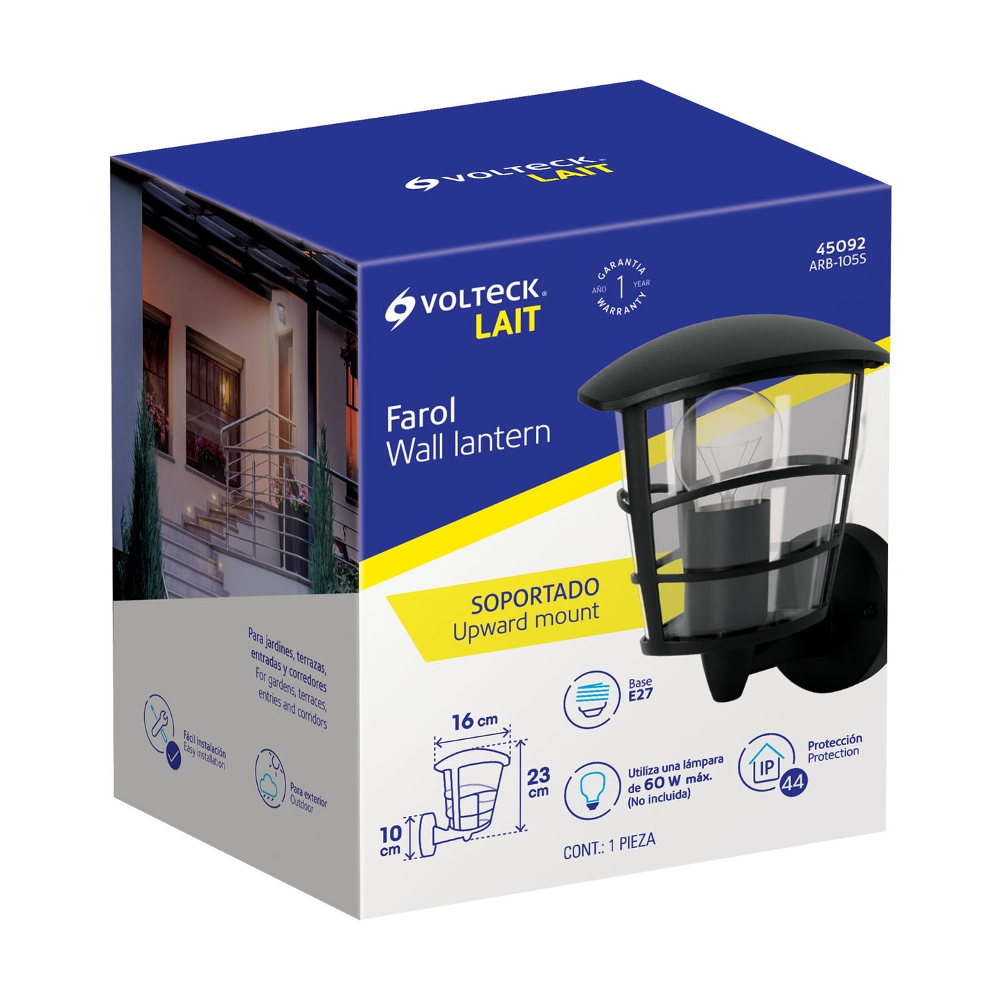 Arbotante tipo farol moderno soportado p/exteriores, negro | ARB-105S | 45092