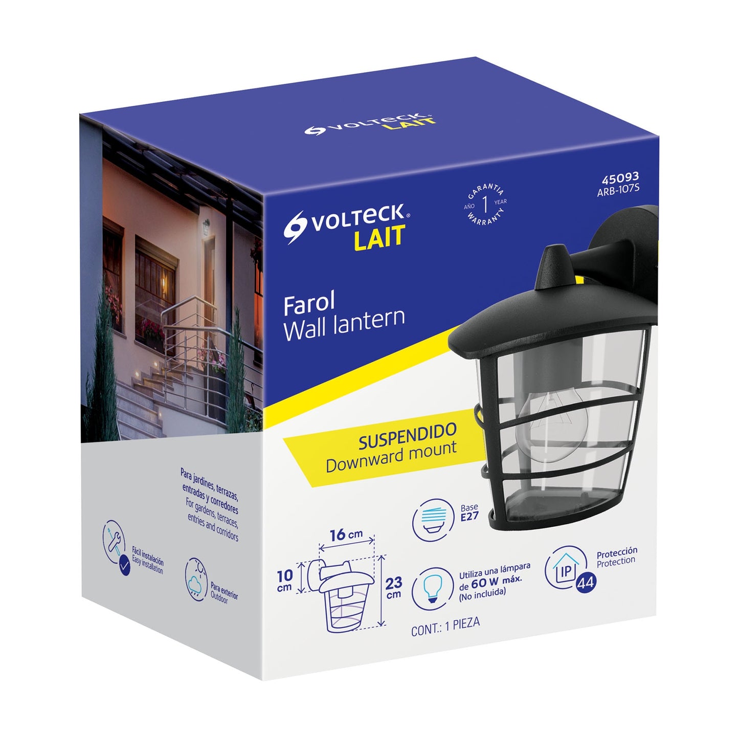 Arbotante tipo farol moderno suspendido p/exteriores, negro | ARB-107S | 45093