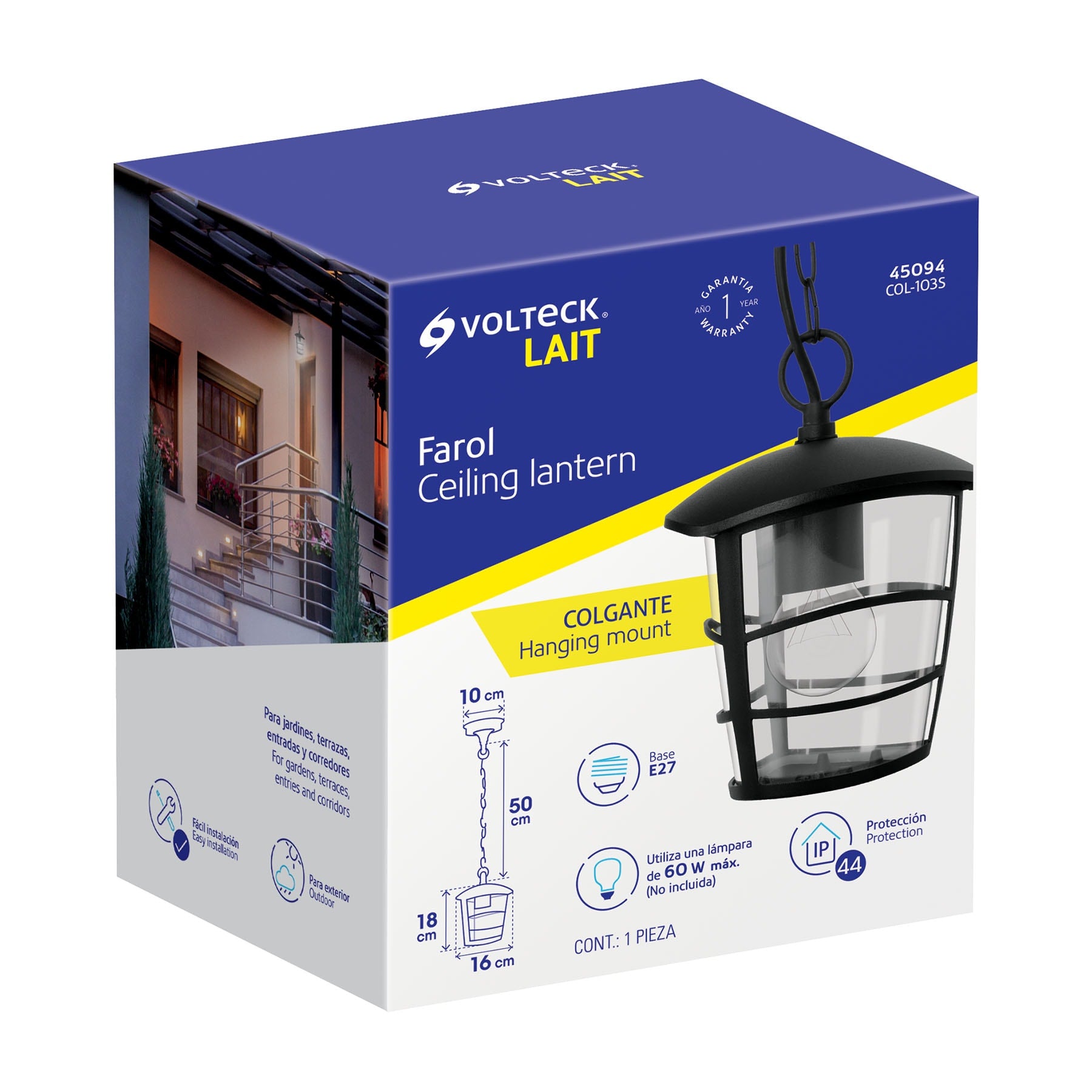Arbotante tipo farol moderno colgante para exteriores, negro | COL-103S | 45094