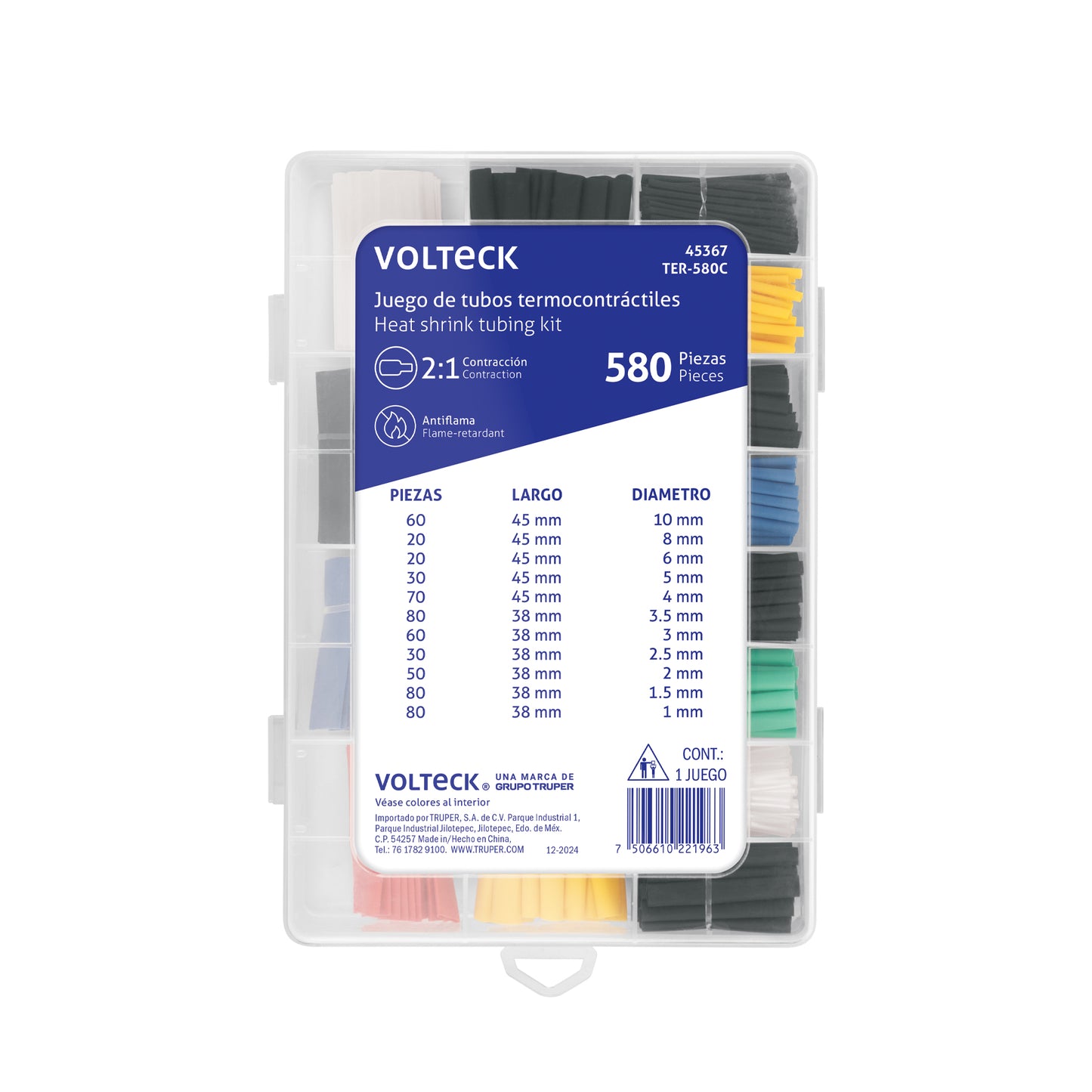 Estuche con 580 piezas de tubo termocontráctil, VOLTECK | TER-580C | 45367