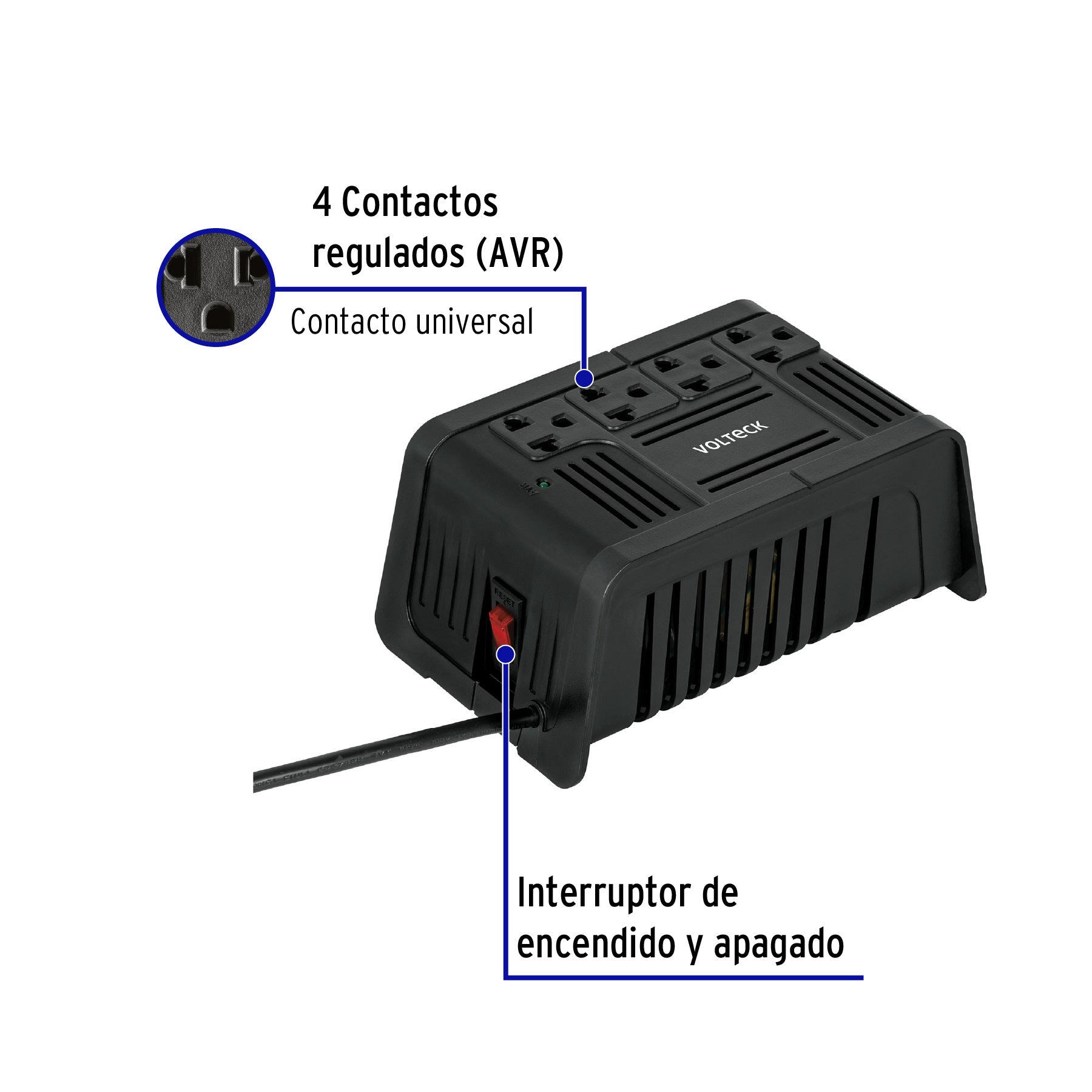 Regulador de voltaje de 800 VA / 400 W 4 contactos, Volteck | RV-800 | 45572