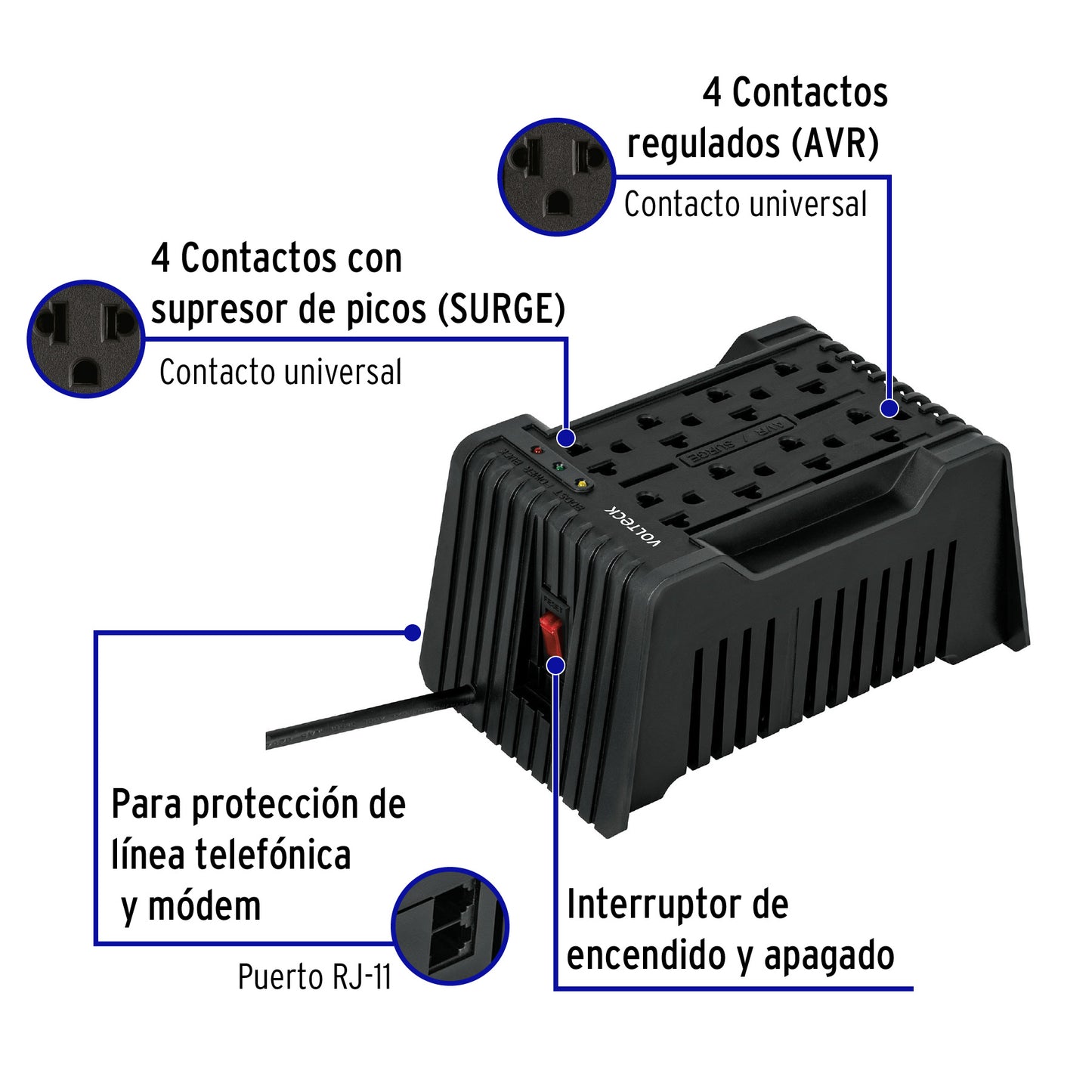 Regulador de voltaje de 1200 VA / 600 W 8 contactos, Volteck | RV-1200 | 45573