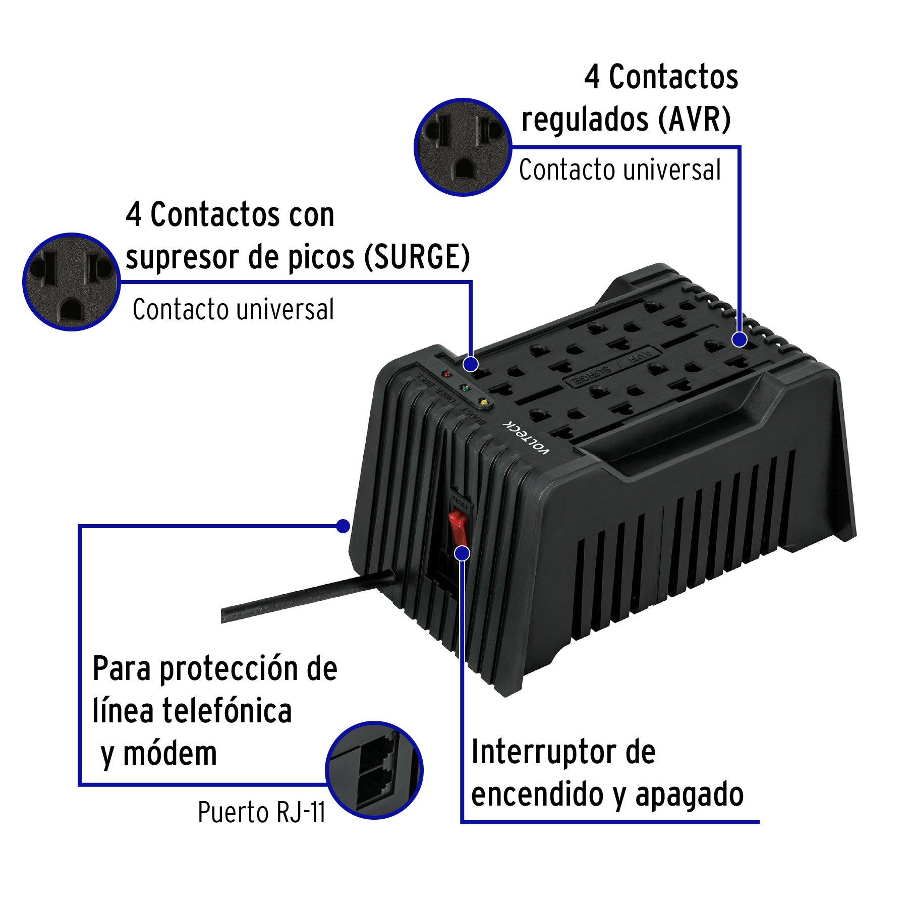 Regulador de voltaje de 1200 VA / 600 W 8 contactos, Volteck | RV-1200 | 45573