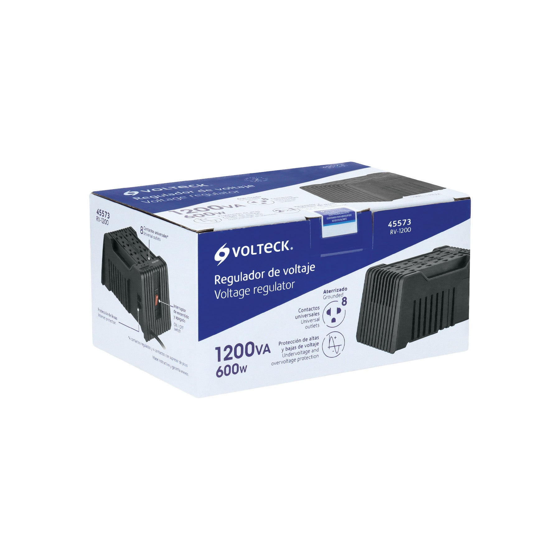 Regulador de voltaje de 1200 VA / 600 W 8 contactos, Volteck | RV-1200 | 45573