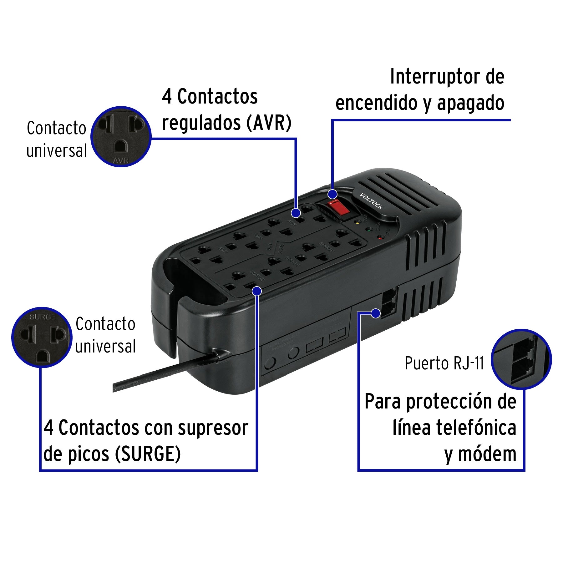 Regulador de voltaje de 1600 VA / 800 W 8 contactos, Volteck | RV-1600 | 45574