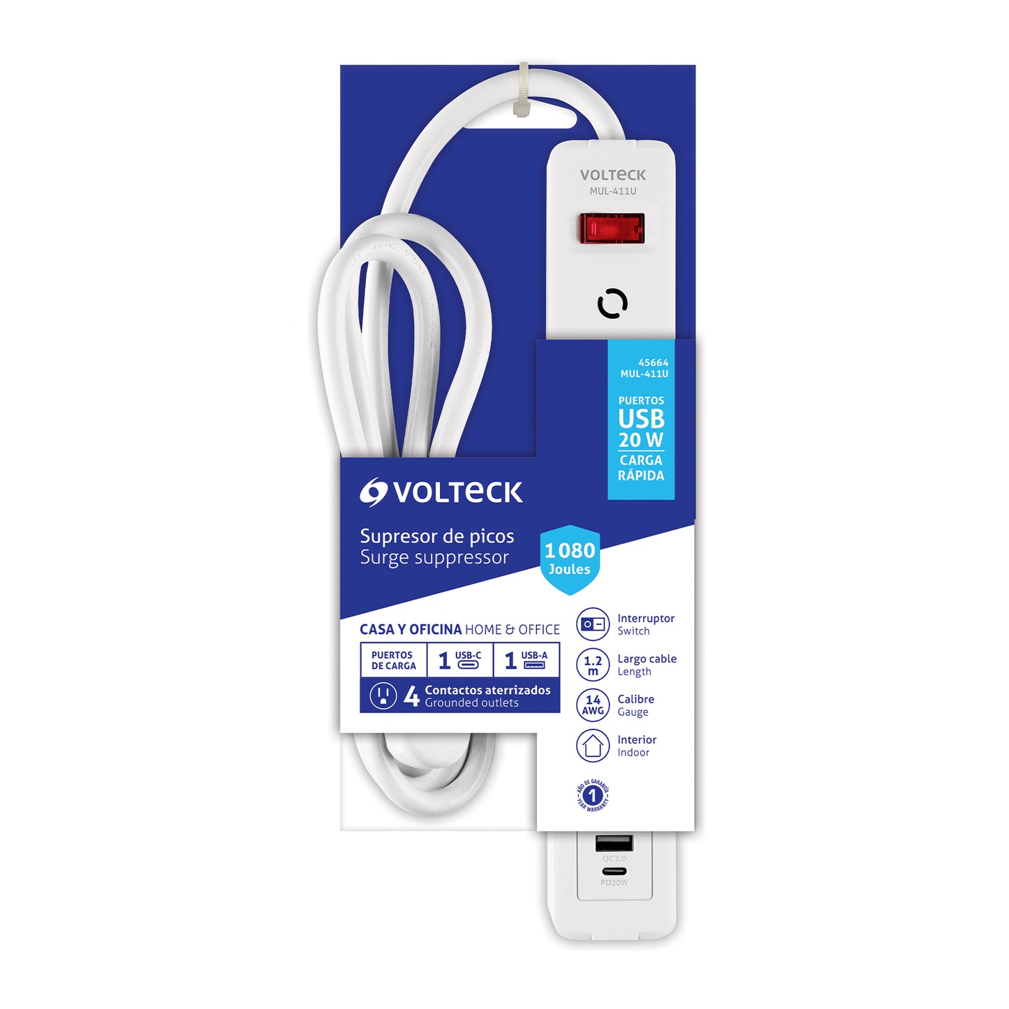 Multicontacto 4 entradas, 1 USB A + 1 USB C, blanco, VOLTECK | MUL-411U | 45664