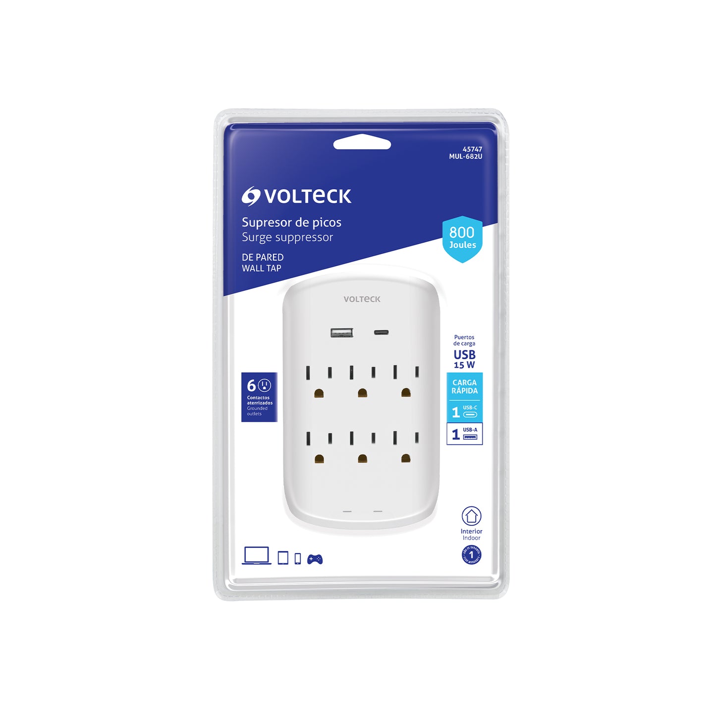 Multicontacto de pared, 800 Joules, 6 contactos y 2 USB A+C | MUL-682U | 45747