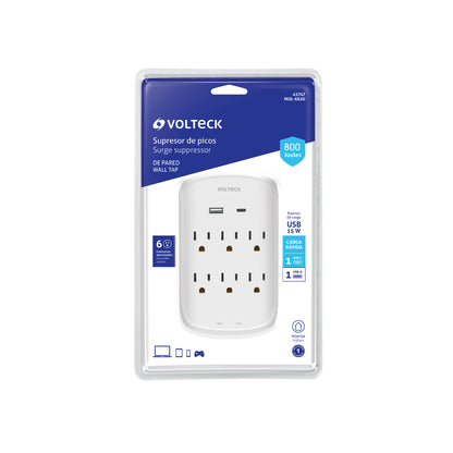 Multicontacto de pared, 800 Joules, 6 contactos y 2 USB A+C | MUL-682U | 45747
