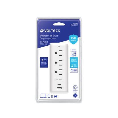 Multicontacto de pared, 490 Joules, 3 contactos y 2 USB A+C | MUL-352U | 45748