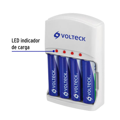 Cargador de pilas, AA, AAA y 9V, incluye 4 pilas AA, Volteck | CA-RE-9 | 46045