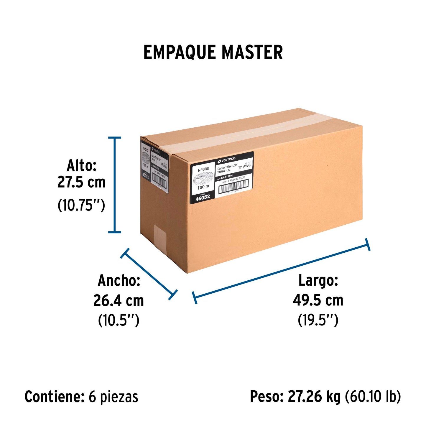 Rollo de 100 m de cable THHW-LS 12 AWG negro, Volteck | CAB-12N | 46052