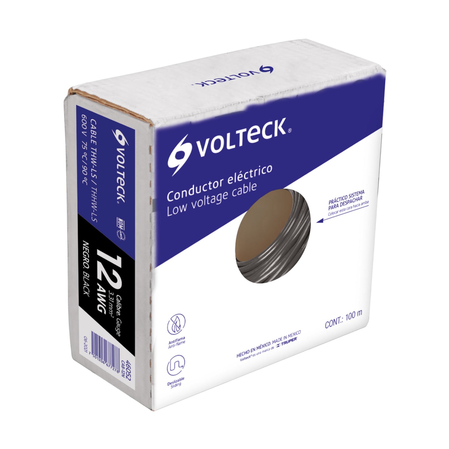 Rollo de 100 m de cable THHW-LS 12 AWG negro, Volteck | CAB-12N | 46052